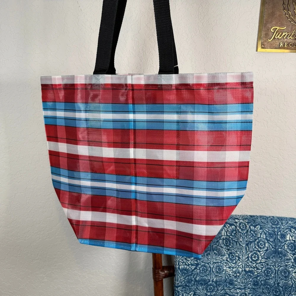 Dream Weaver‎ Bodega Market Bag Red Blue Plaid Woven Mesh Tote Fair Trade NWT